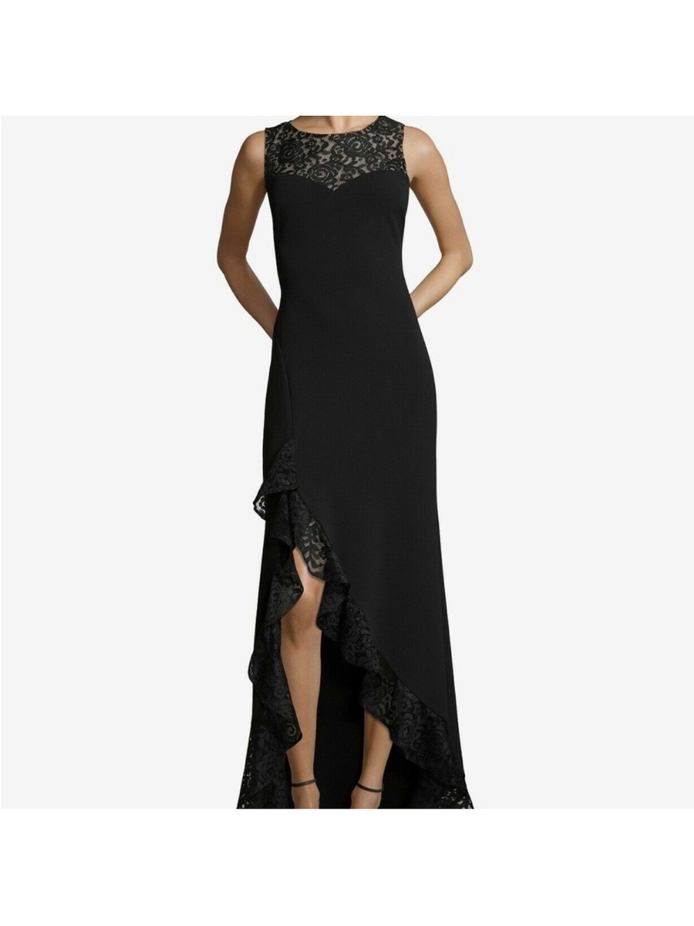 Betsy Adam | Black Lace-Trim High-Low Evening Dress